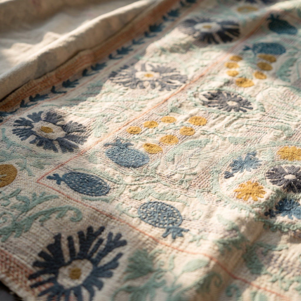 Jeté vintage de luxe Suzani Kantha Maple Whisper