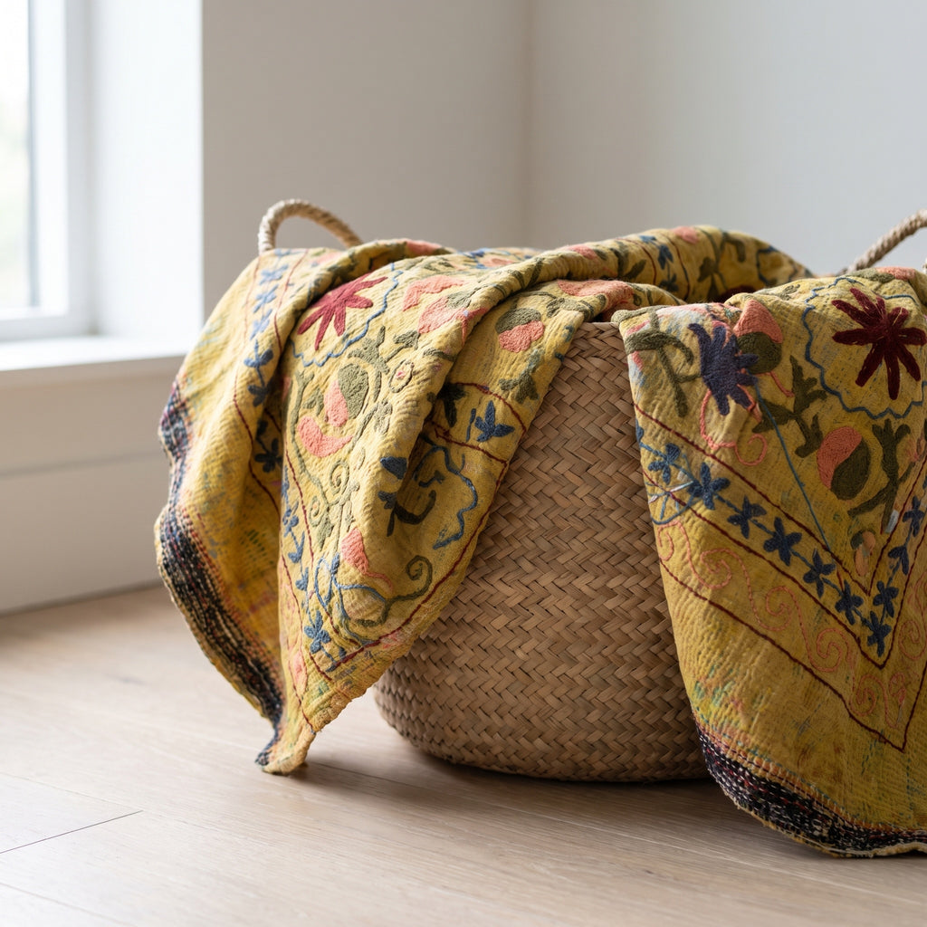 Plaid luxueux réversible Dawn Reverie style Suzani Kantha vintage