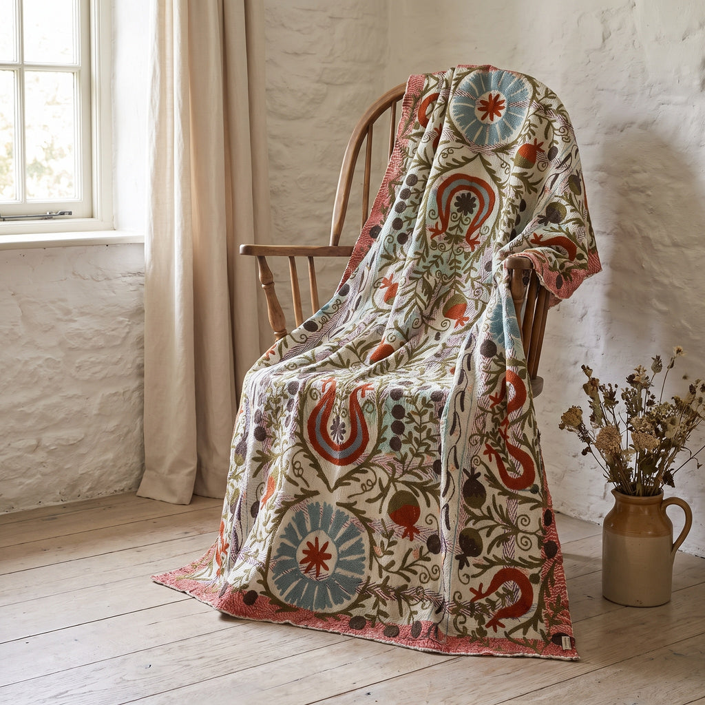 Fern Story Reversible Luxury Vintage Suzani Kantha Throw