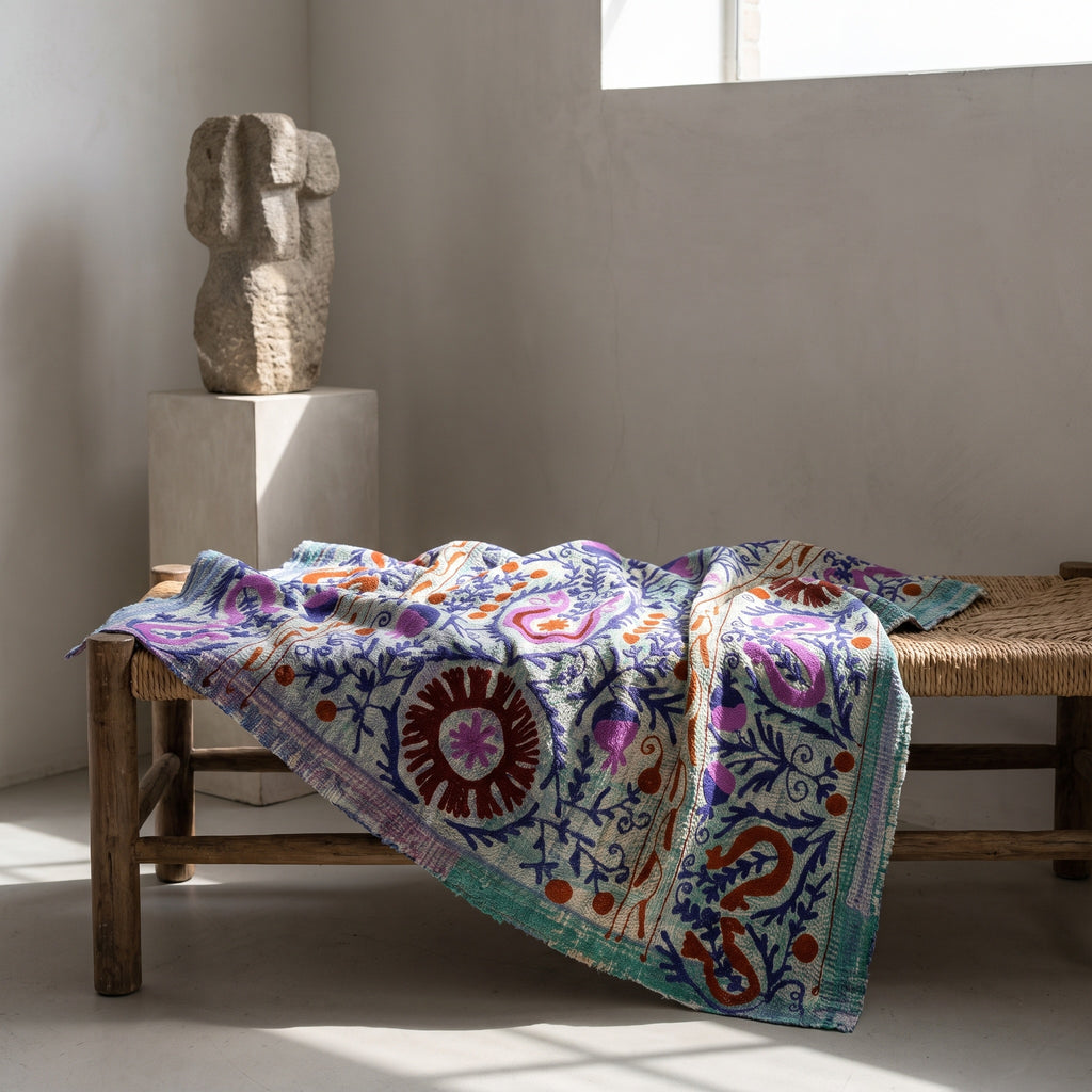 Dew Reverie Reversible Luxury Vintage Suzani Kantha Throw