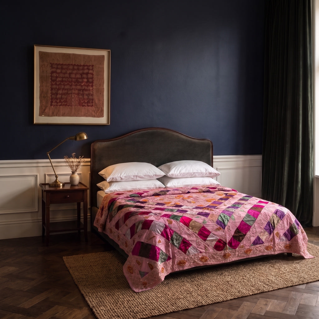 Mosaic Bloom Handmade Patchwork & Sequin Queen Bedspread