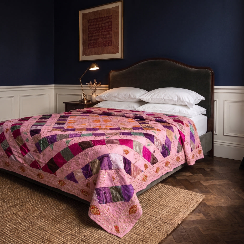 Mosaic Bloom Handmade Patchwork & Sequin Queen Bedspread