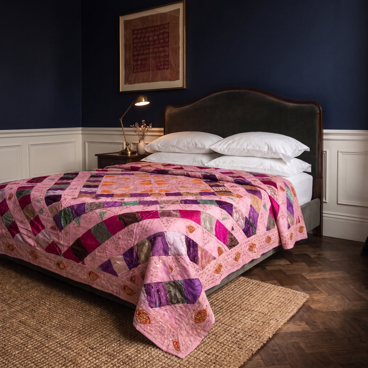 Mosaic Bloom Handmade Patchwork & Sequin Queen Bedspread
