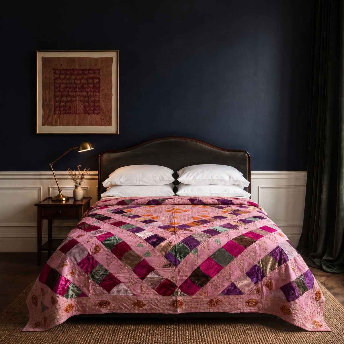 Mosaic Bloom Handmade Patchwork & Sequin Queen Bedspread