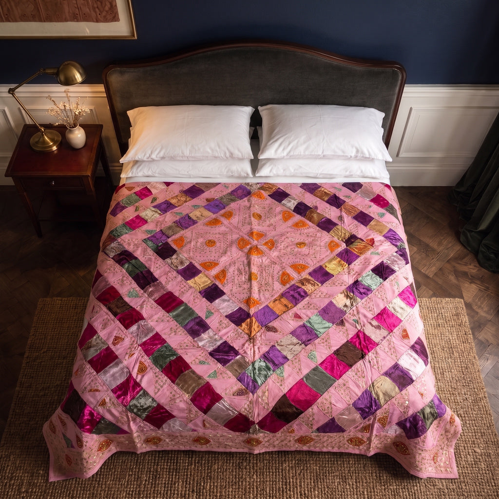 Mosaic Bloom Handmade Patchwork & Sequin Queen Bedspread
