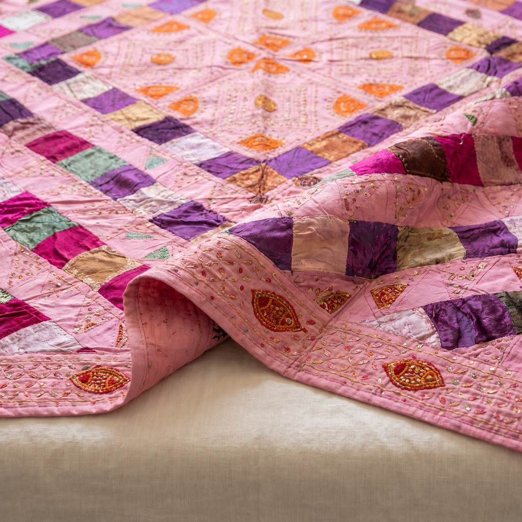 Mosaic Bloom Handmade Patchwork & Sequin Queen Bedspread