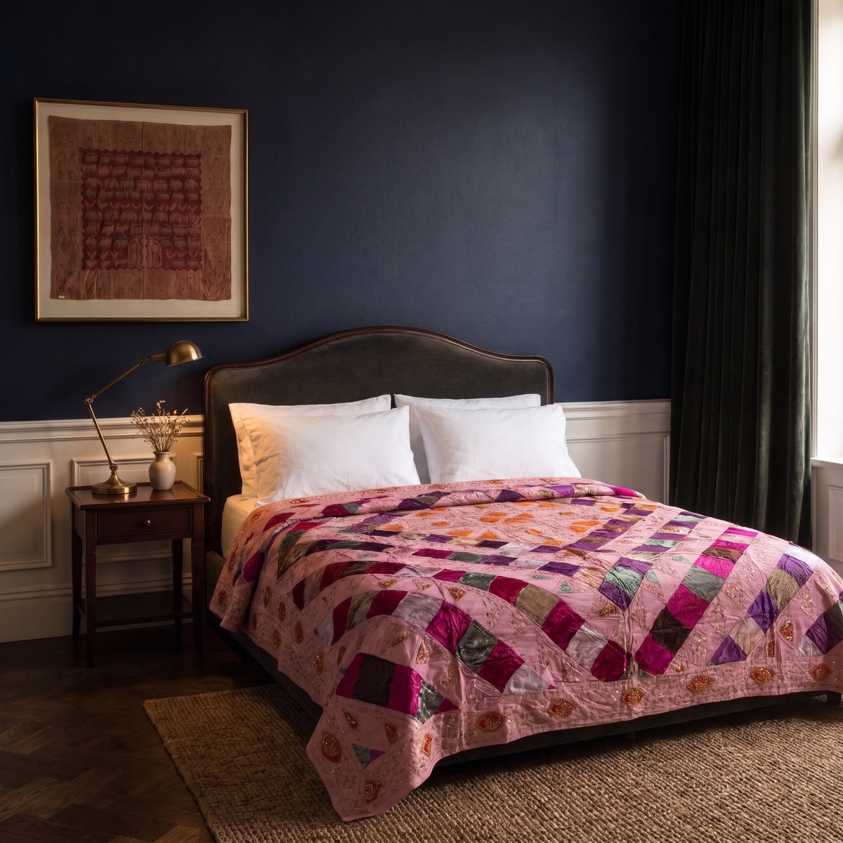 Mosaic Bloom Handmade Patchwork & Sequin Queen Bedspread