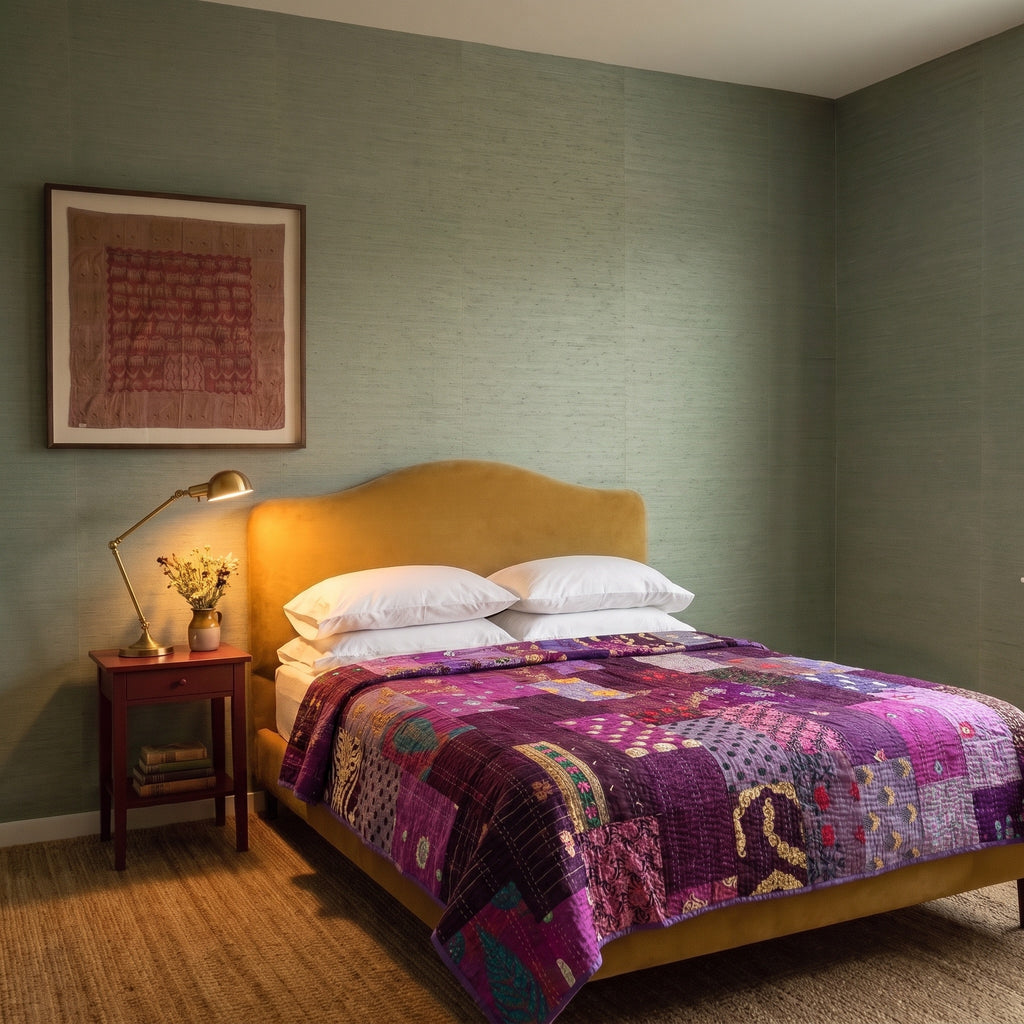 Serene Bloom Handmade Kantha Patchwork Queen Bedspread