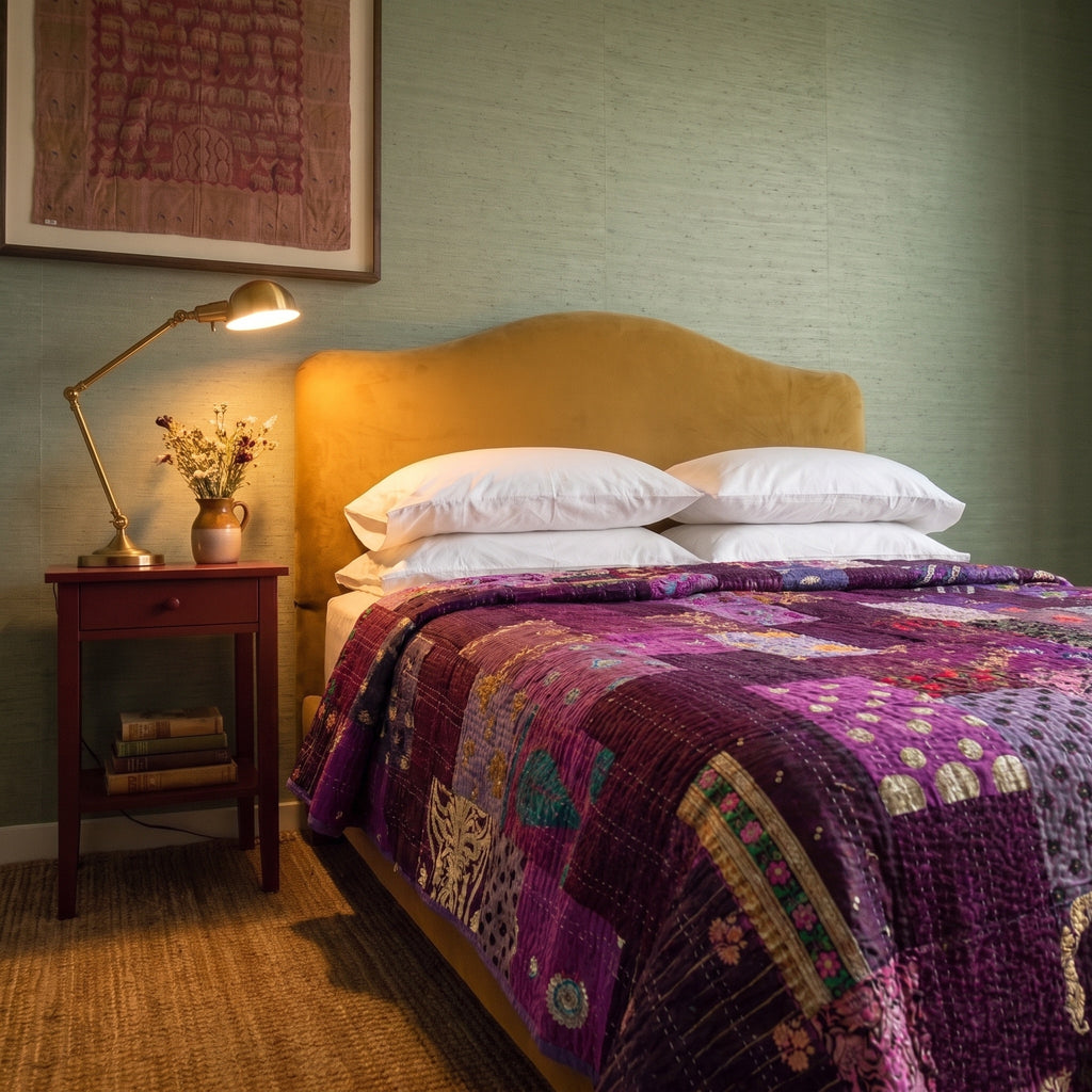 Serene Bloom Handmade Kantha Patchwork Queen Bedspread