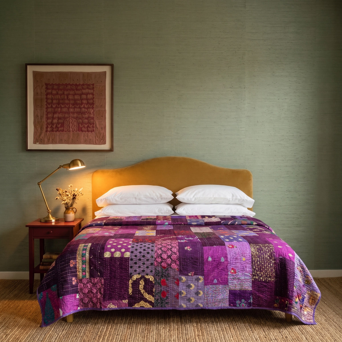 Serene Bloom Handmade Kantha Patchwork Queen Bedspread