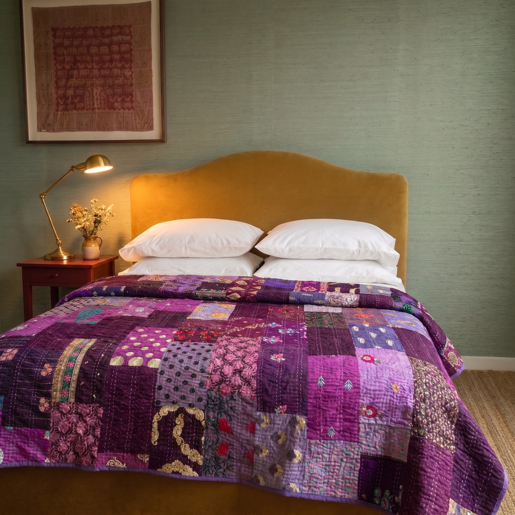 Serene Bloom Handmade Kantha Patchwork Queen Bedspread