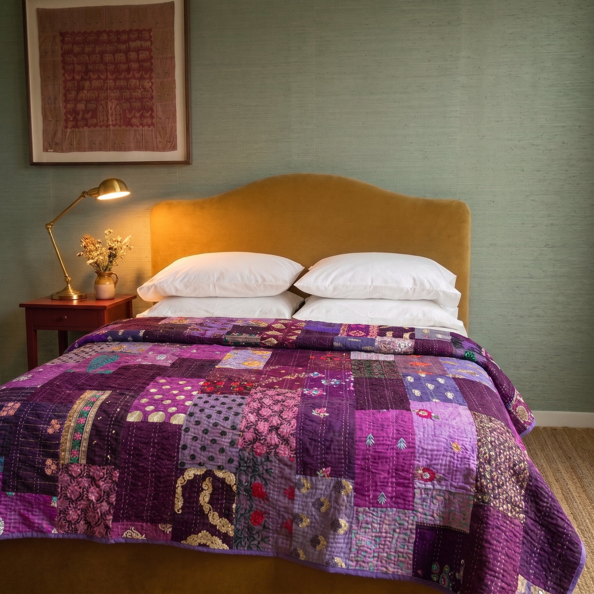 Serene Bloom Handmade Kantha Patchwork Queen Bedspread