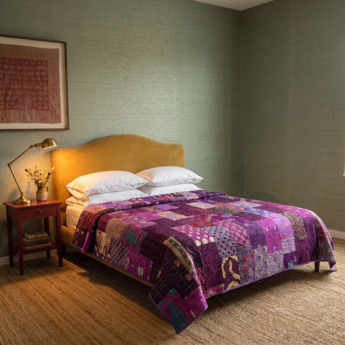 Serene Bloom Handmade Kantha Patchwork Queen Bedspread