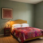 Sky Mist Handmade Kantha Patchwork Queen Bedspread