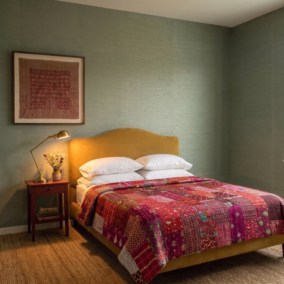 Sky Mist Handmade Kantha Patchwork Queen Bedspread