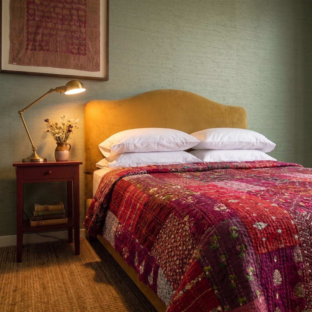 Sky Mist Handmade Kantha Patchwork Queen Bedspread