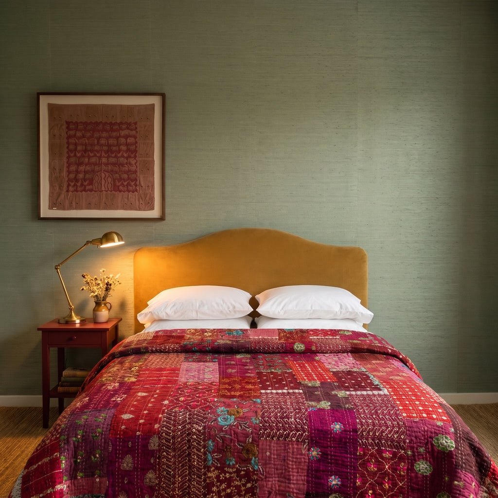 Sky Mist Handmade Kantha Patchwork Queen Bedspread