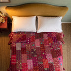 Sky Mist Handmade Kantha Patchwork Queen Bedspread
