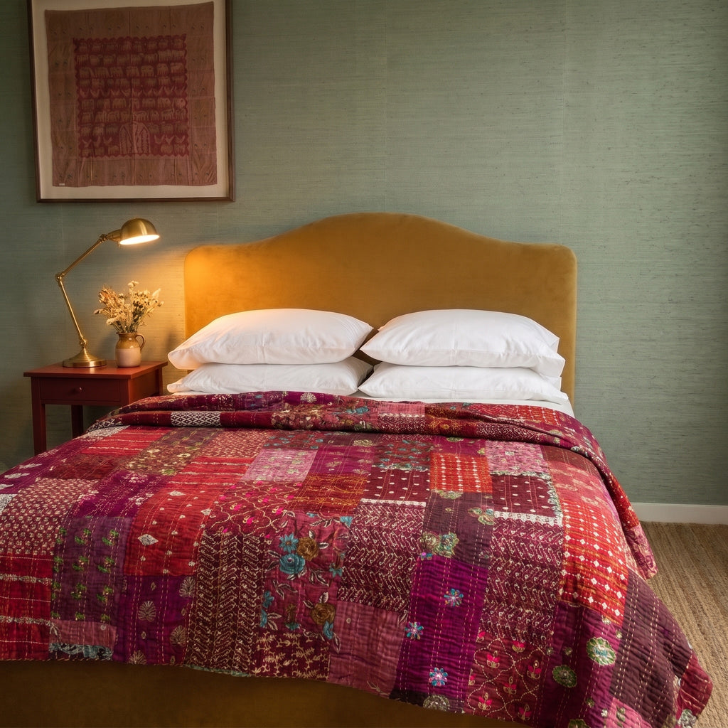 Sky Mist Handmade Kantha Patchwork Queen Bedspread