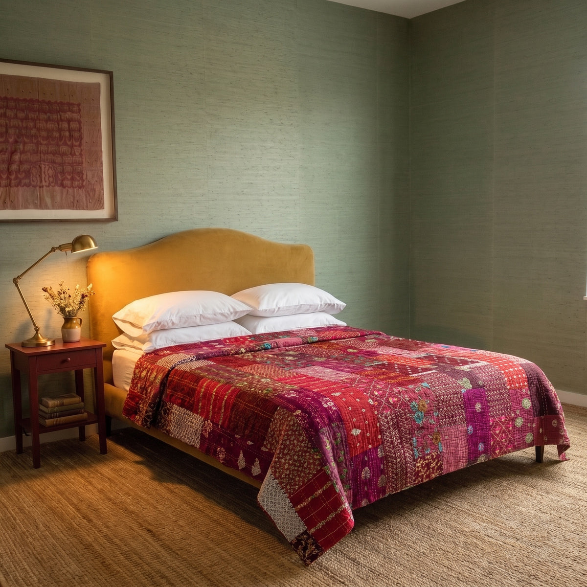 Sky Mist Handmade Kantha Patchwork Queen Bedspread