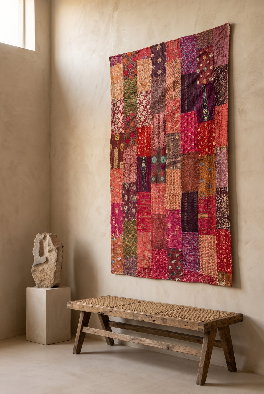 Fern Folklore Kantha Patchwork Embroidered Pure Cotton Wall Tapestry