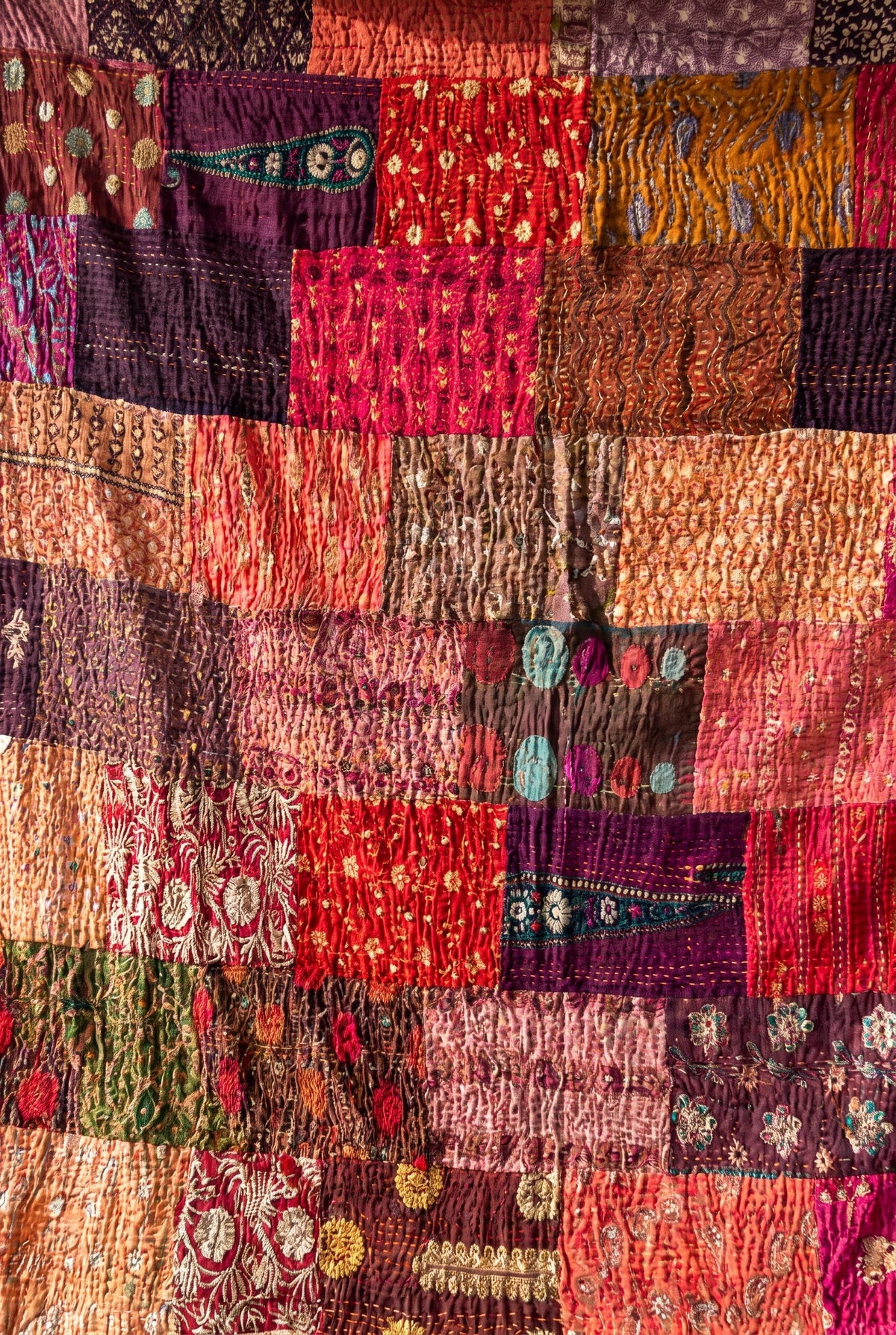 Fern Folklore Kantha Patchwork Embroidered Pure Cotton Wall Tapestry
