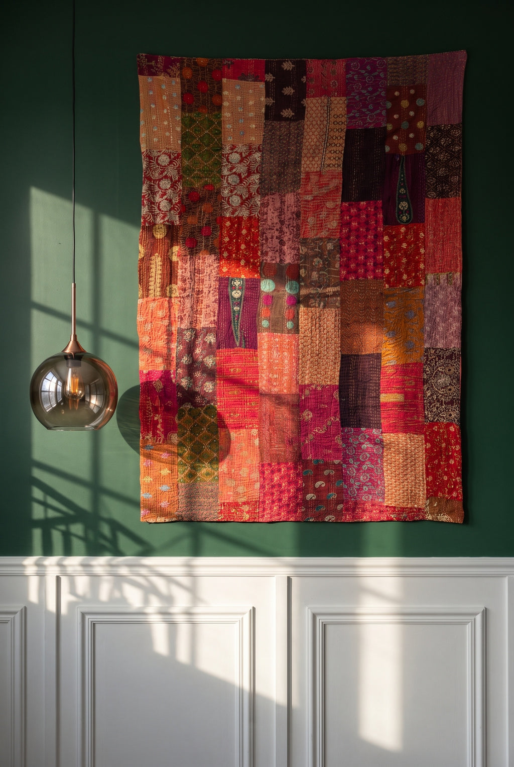 Fern Folklore Kantha Patchwork Embroidered Pure Cotton Wall Tapestry