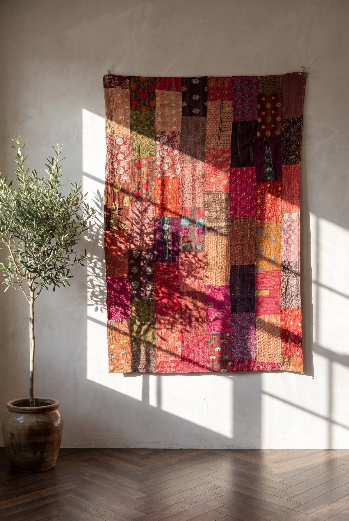 Fern Folklore Kantha Patchwork Embroidered Pure Cotton Wall Tapestry