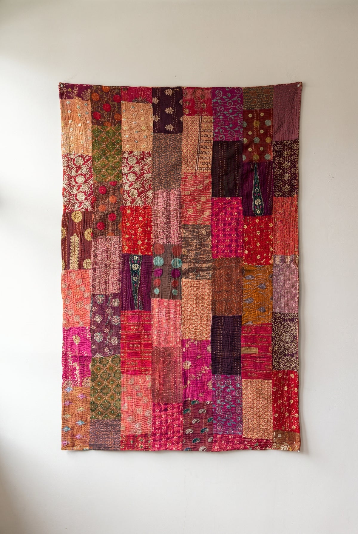 Fern Folklore Kantha Patchwork Embroidered Pure Cotton Wall Tapestry