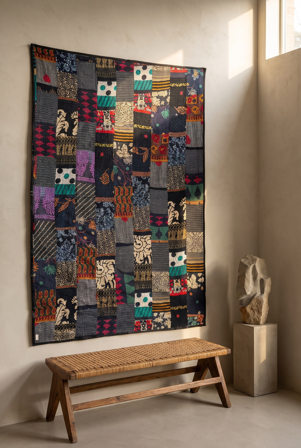 Fern Serenade Kantha Patchwork Embroidered Pure Cotton Wall Tapestry