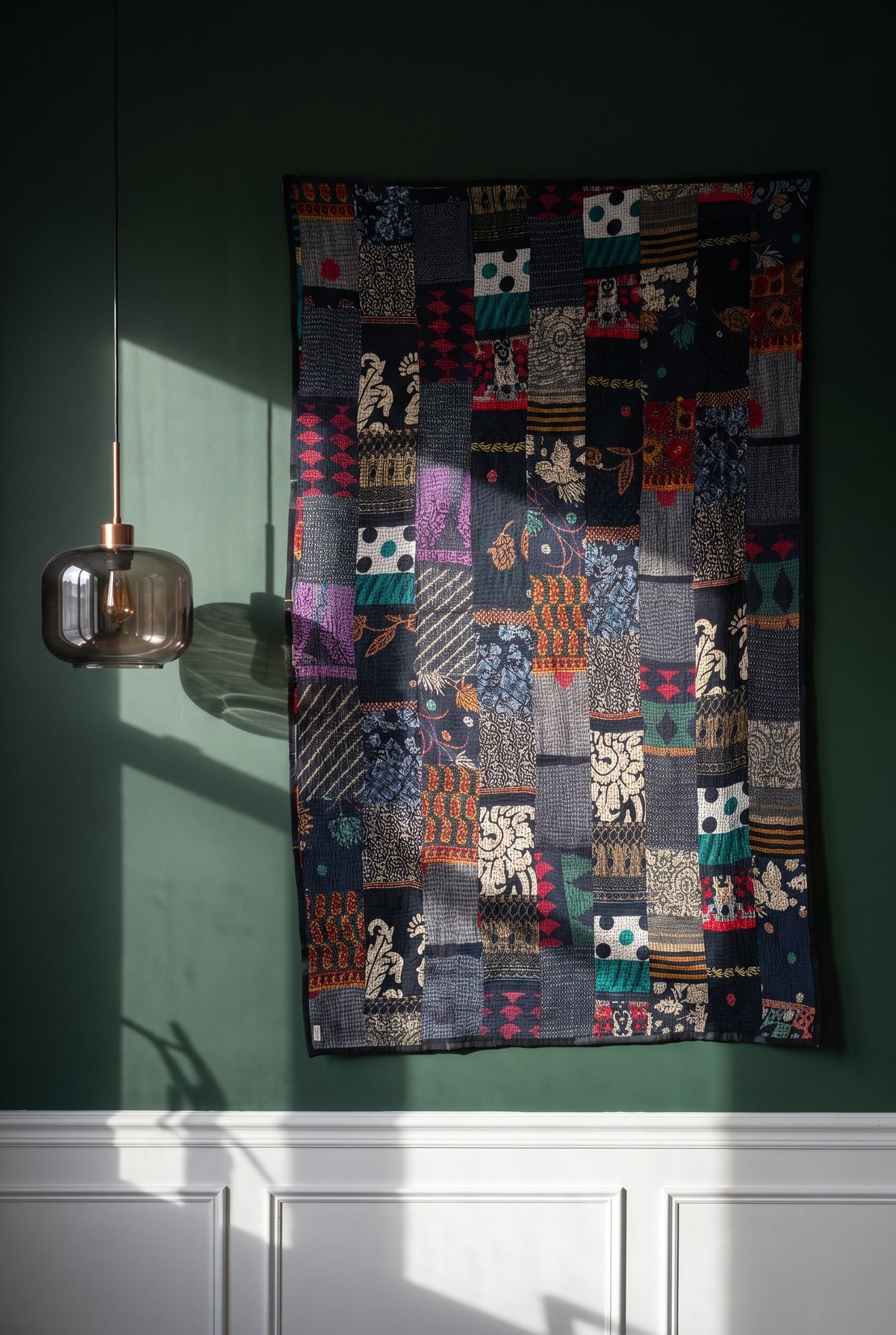Fern Serenade Kantha Patchwork Embroidered Pure Cotton Wall Tapestry