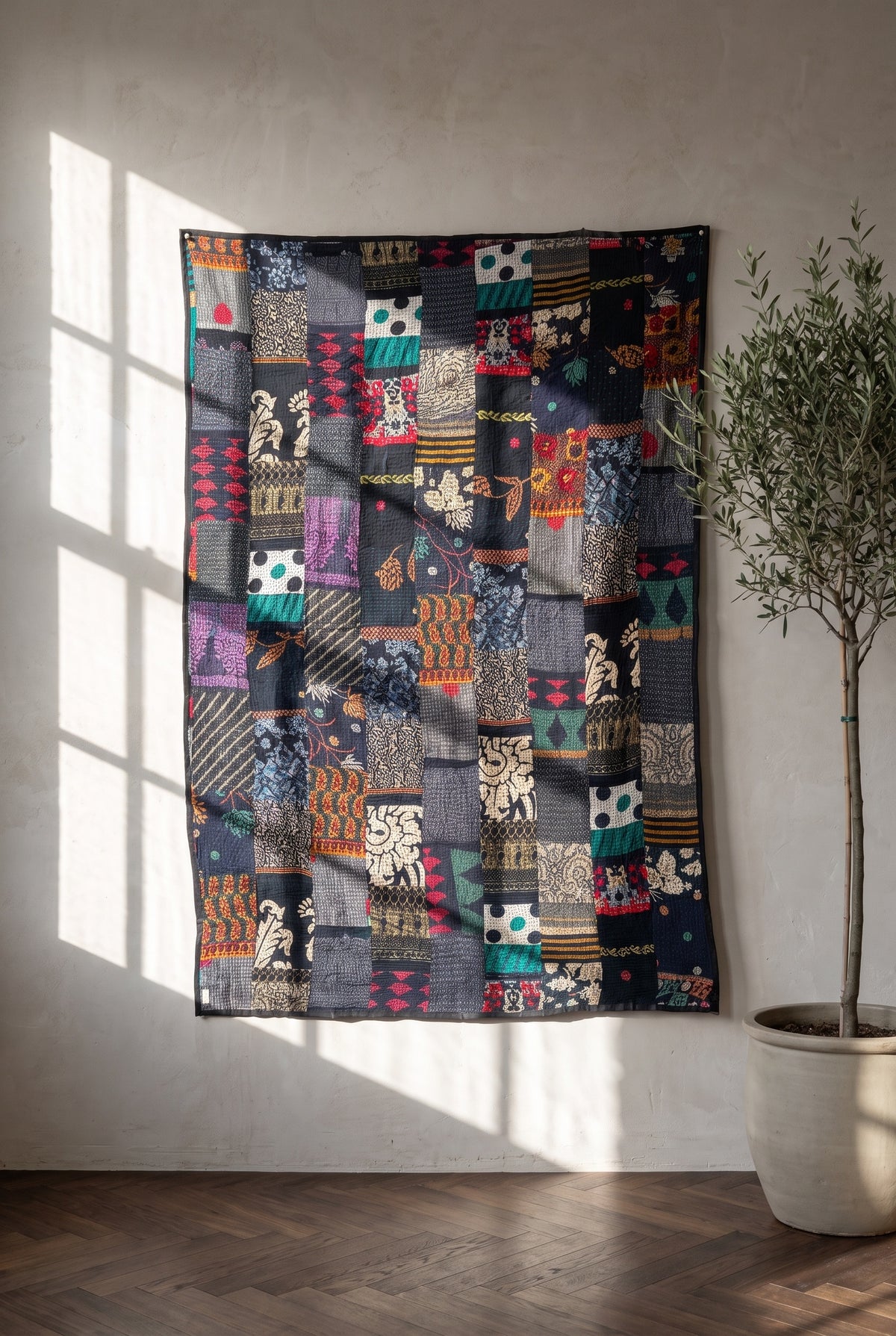 Fern Serenade Kantha Patchwork Embroidered Pure Cotton Wall Tapestry