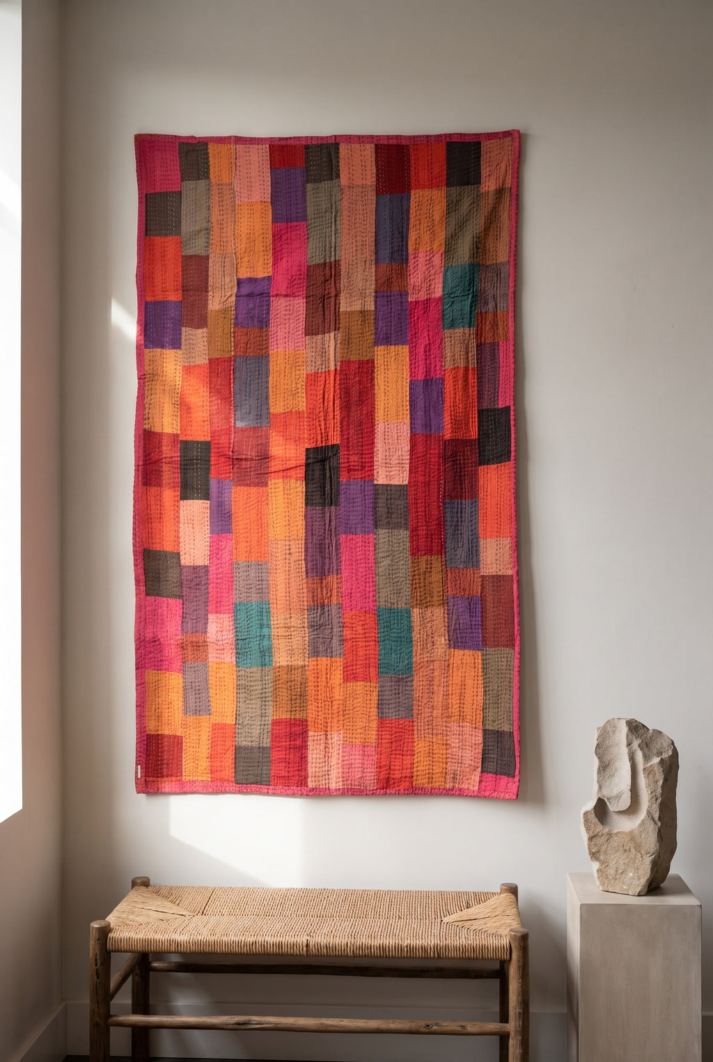 Bloom Reverie Kantha Patchwork Embroidered Pure Cotton Wall Tapestry