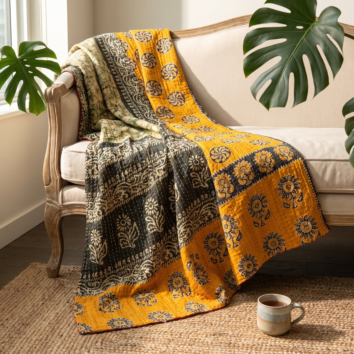 An Heirloom Passage Vintage Cotton Kantha Throw features a vibrant design with mustard yellow, charcoal black, cream, and sage green, adorned with circular swirl medallions, floral motifs, paisley-like scrollwork, and a geometric border.