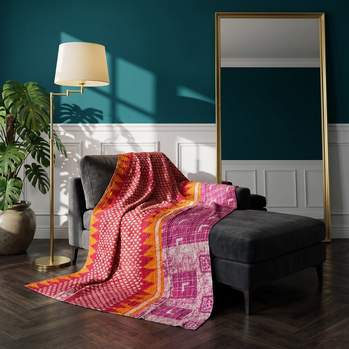 Reverse side 3 – Heirloom Fern Vintage Cotton Kantha Throw