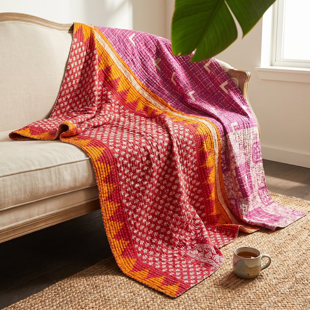 Reverse side 1 – Heirloom Fern Vintage Cotton Kantha Throw