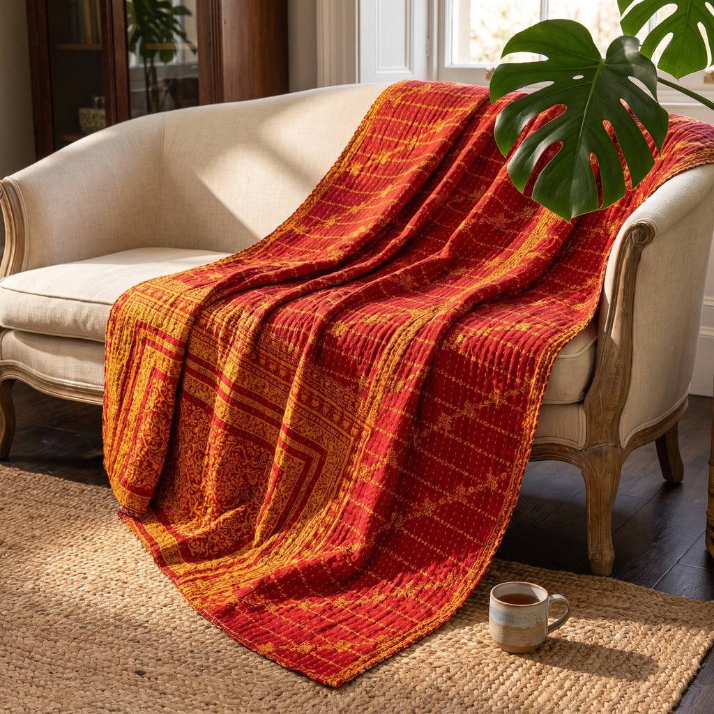 A Caravan Story Vintage Cotton Kantha Throw in deep red and golden yellow, adorned with a floral scrollwork border, dashed line grid patterns, and starburst motifs.
