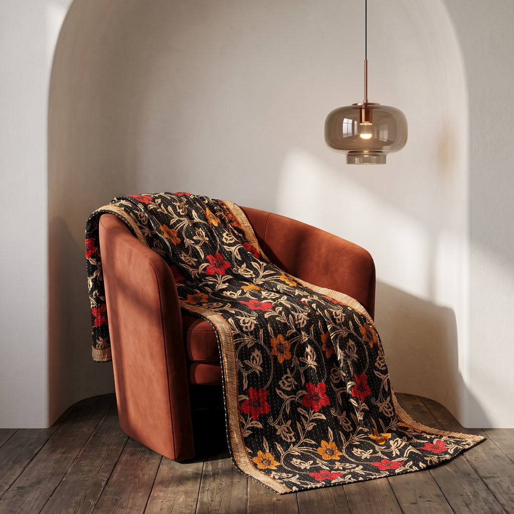Meadow Journey Vintage Cotton Kantha Throw