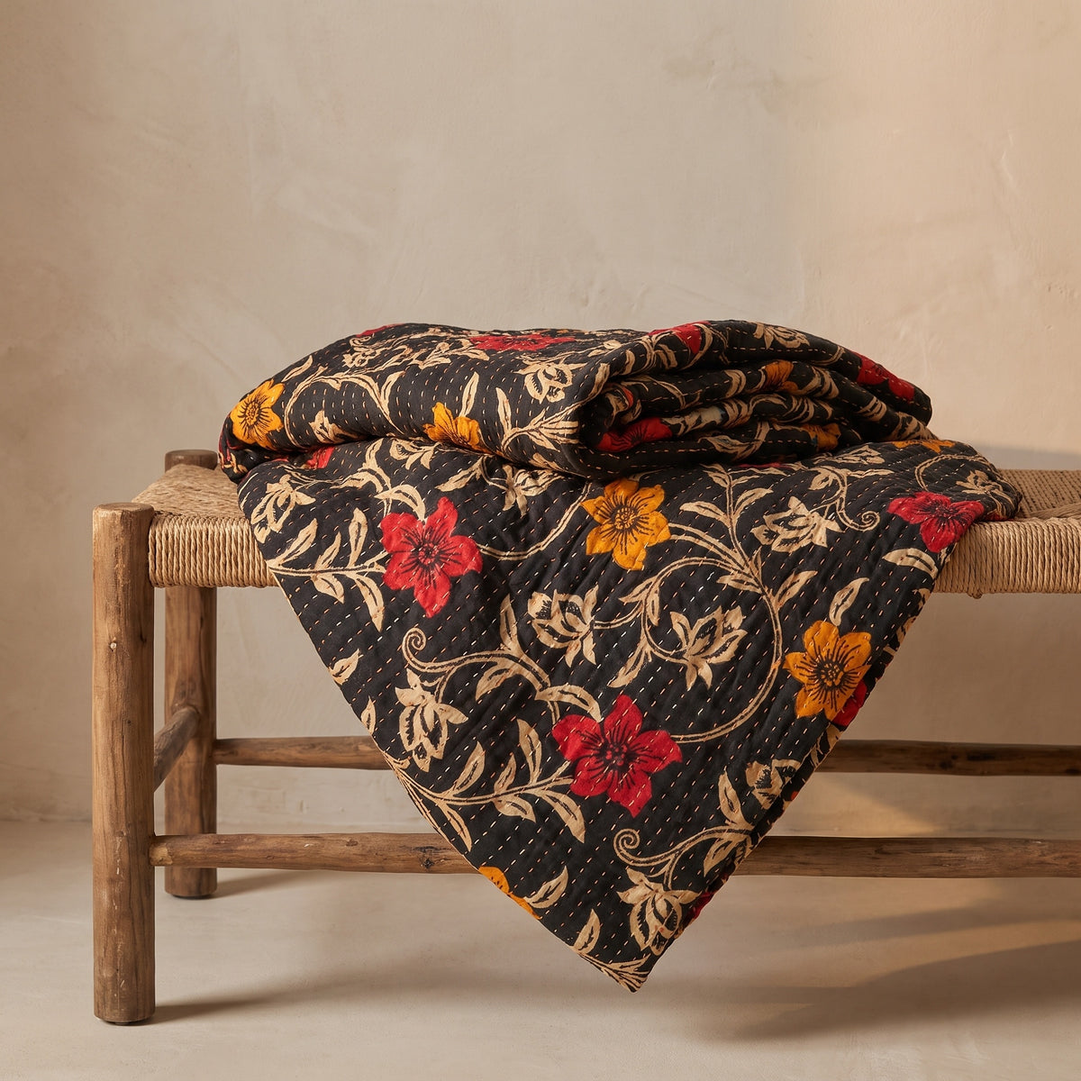 Meadow Journey Vintage Cotton Kantha Throw