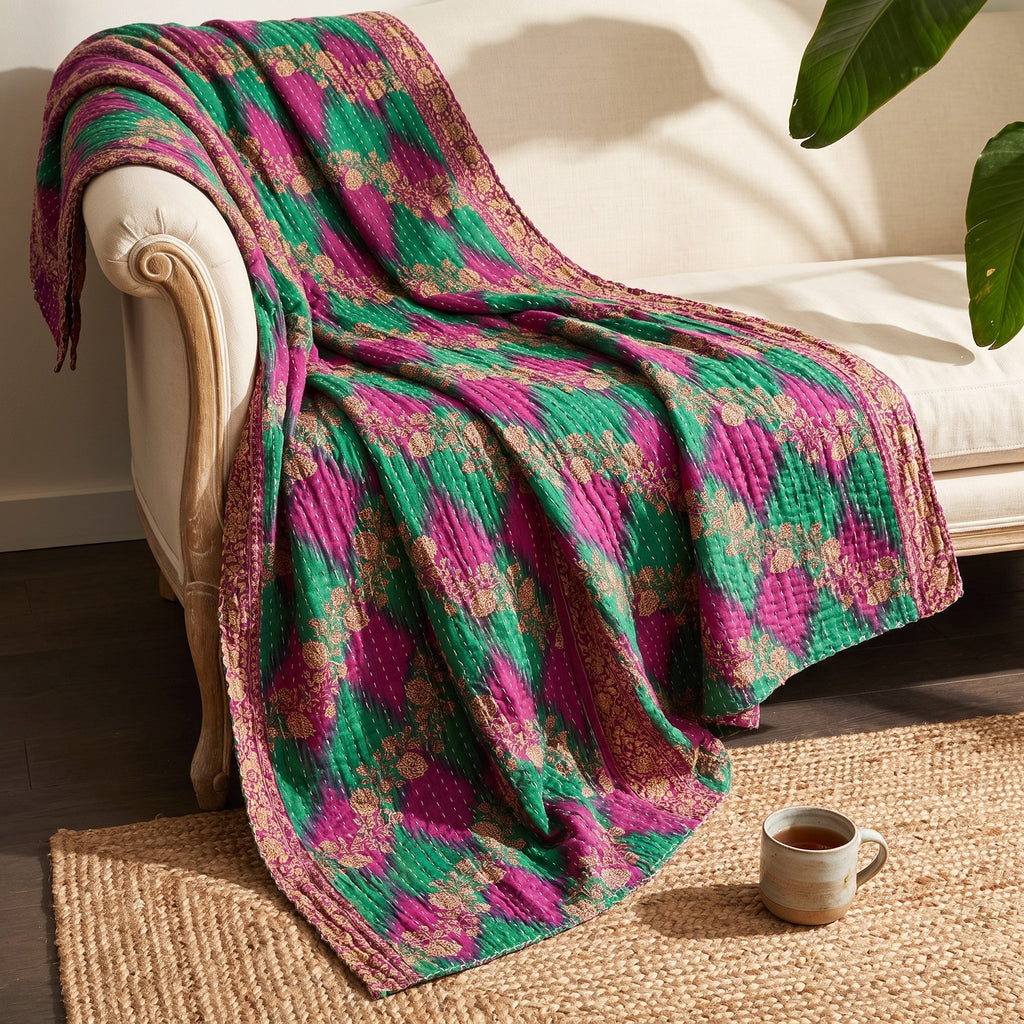 Reverse side 1 – Golden Marigold Vintage Cotton Kantha Throw