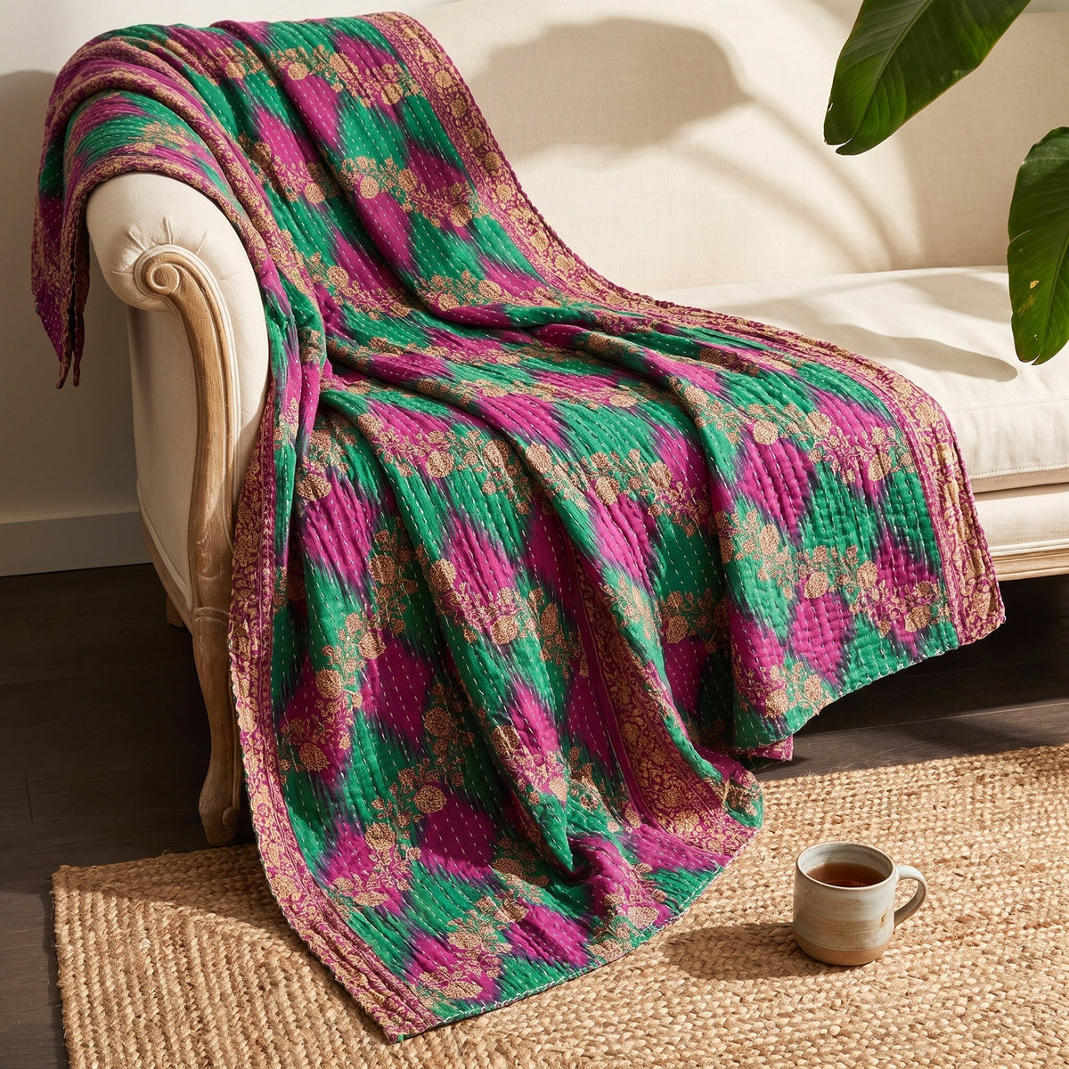 Reverse side 1 – Golden Marigold Vintage Cotton Kantha Throw
