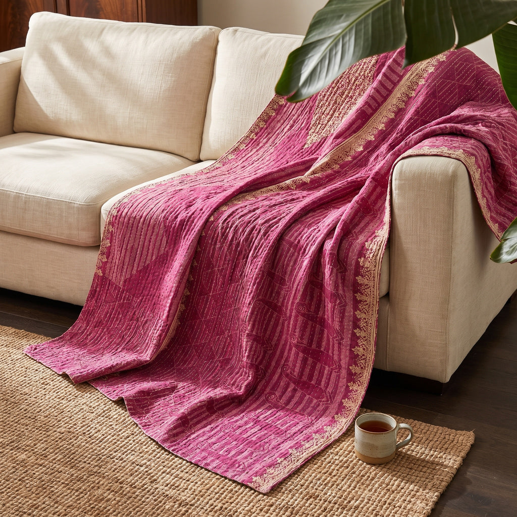 The Quiet Nomad Vintage Cotton Kantha Throw is deep pink with light gold ornate floral borders, vertical striped stitching, diamond stitching, and abstract curved motifs.