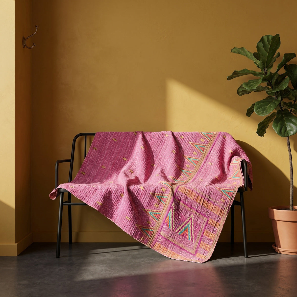 Reverse side 5 – Whispering Saffron Vintage Cotton Kantha Throw