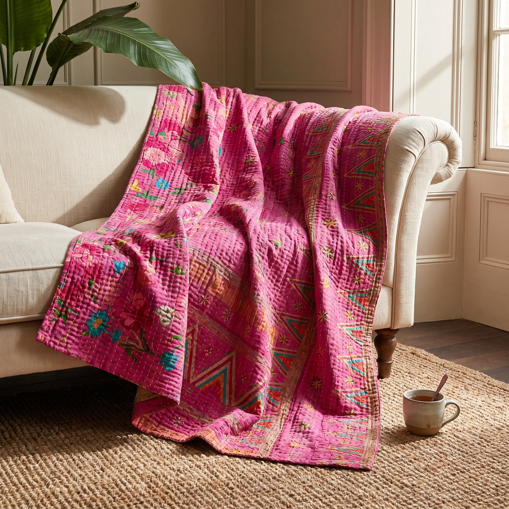 Reverse side 1 – Whispering Saffron Vintage Cotton Kantha Throw