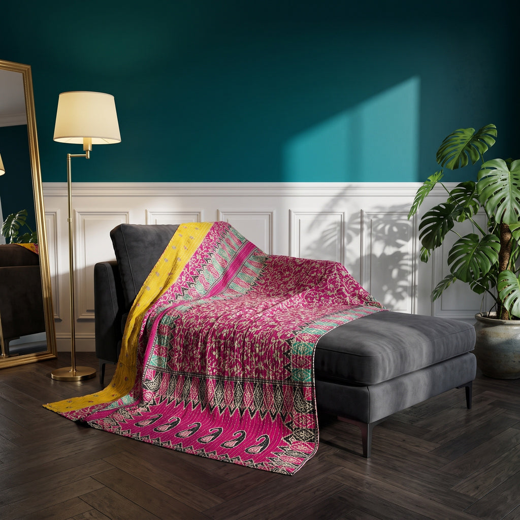 The Heritage Journey Vintage Cotton Kantha Throw features a vibrant design with fuchsia and yellow main colors, adorned with paisley, geometric border, leaf, and swirling vine patterns in teal, black, and off-white.