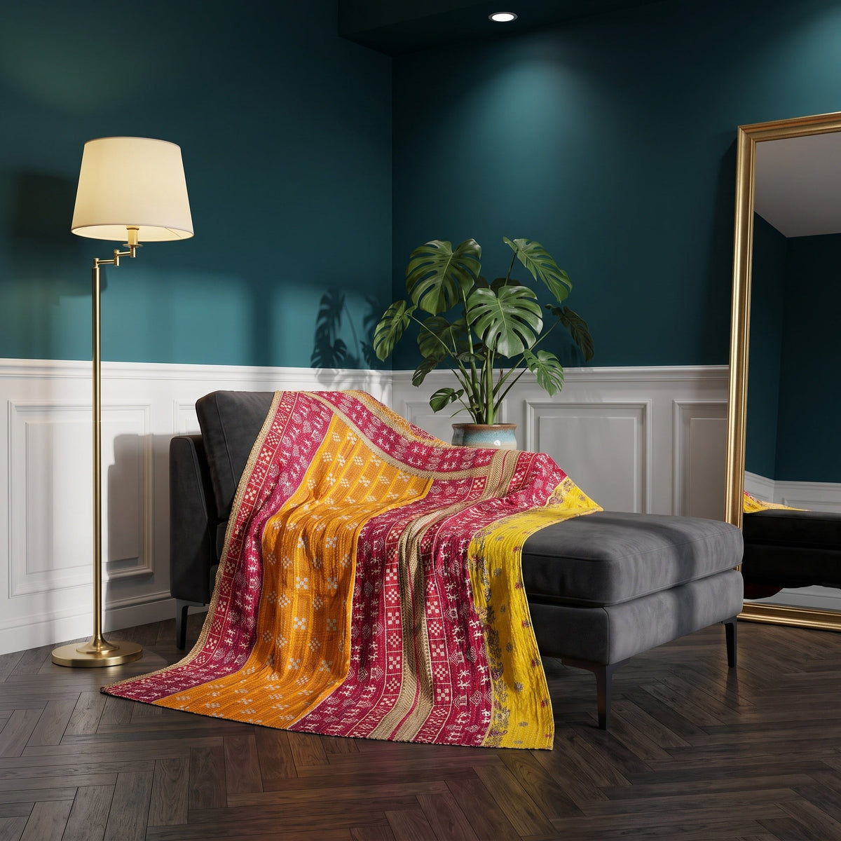 Reverse side 3 – Saffron Terracotta Vintage Cotton Kantha Throw