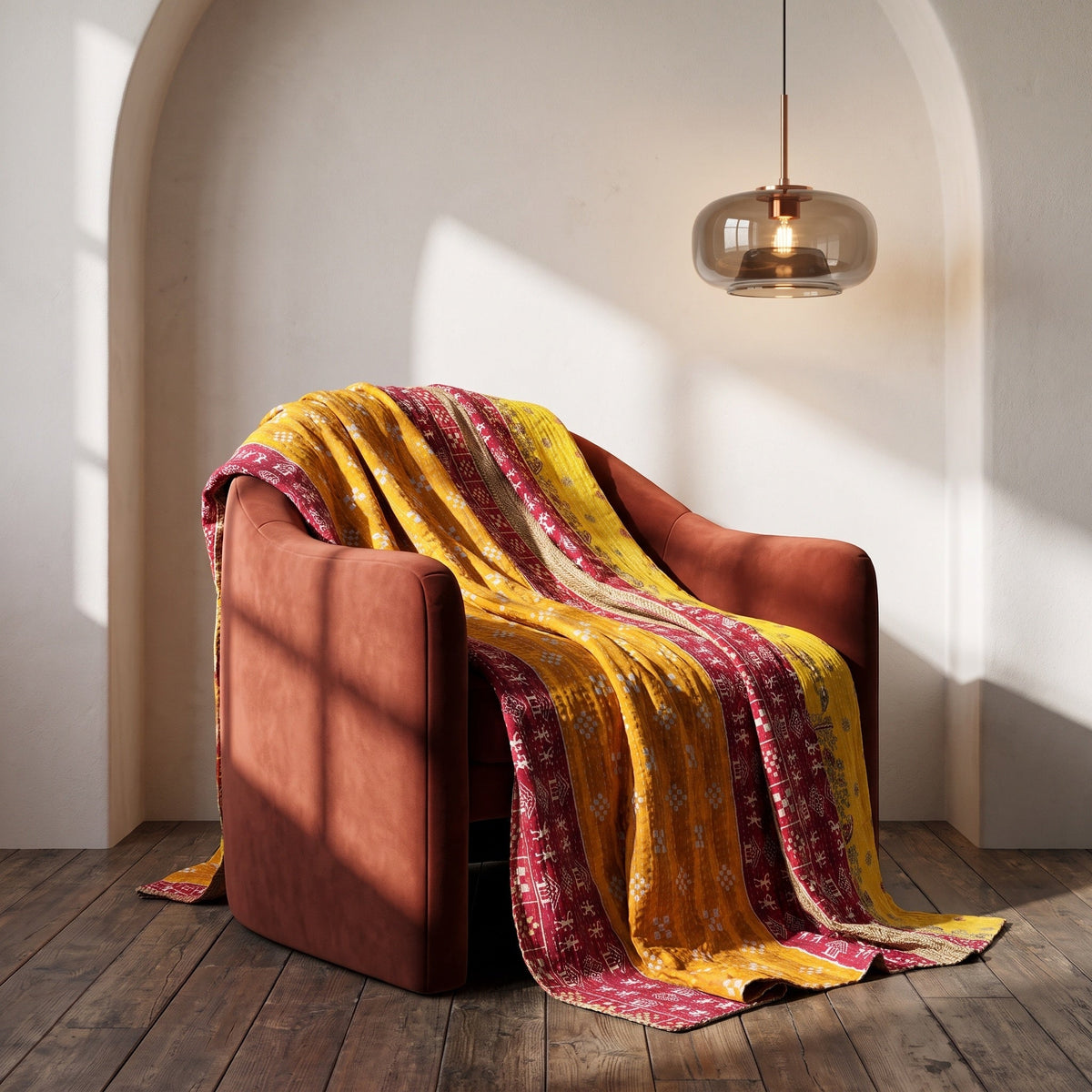 Reverse side 4 – Saffron Terracotta Vintage Cotton Kantha Throw