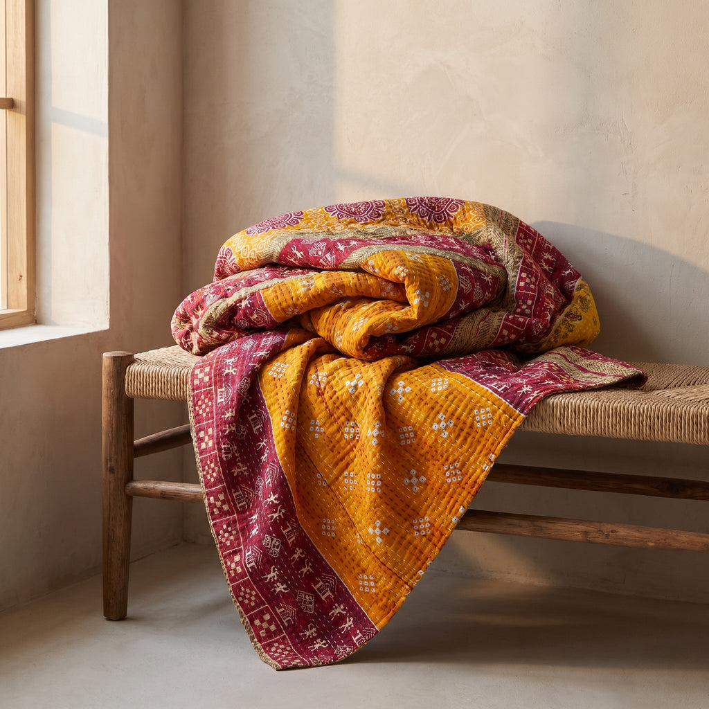 Reverse side 6 – Saffron Terracotta Vintage Cotton Kantha Throw