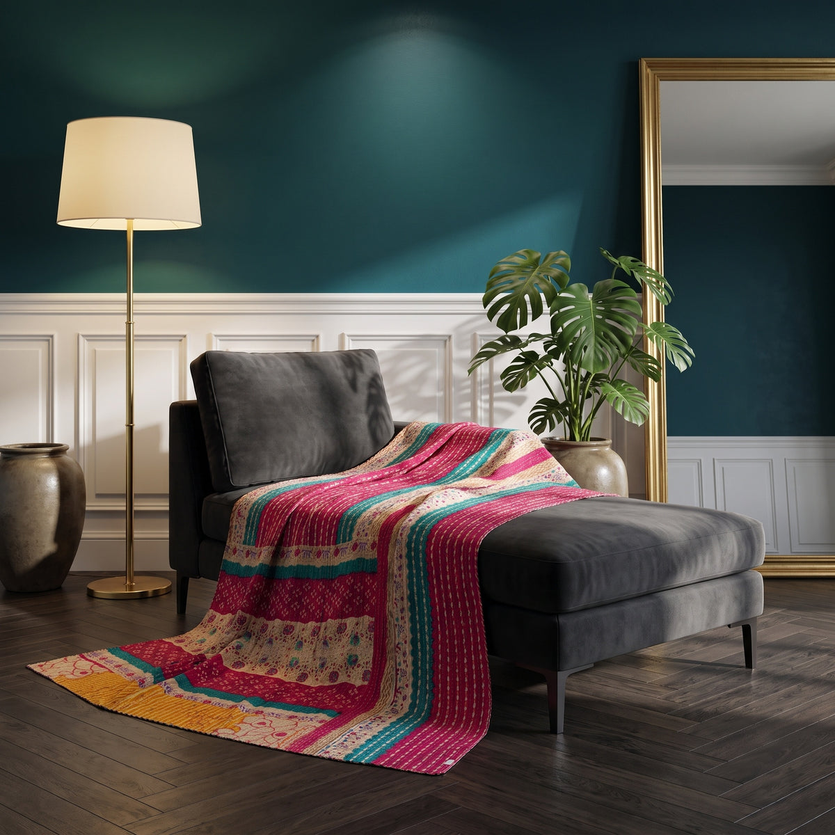 Plaid Kantha en coton vintage Caravan Meadow