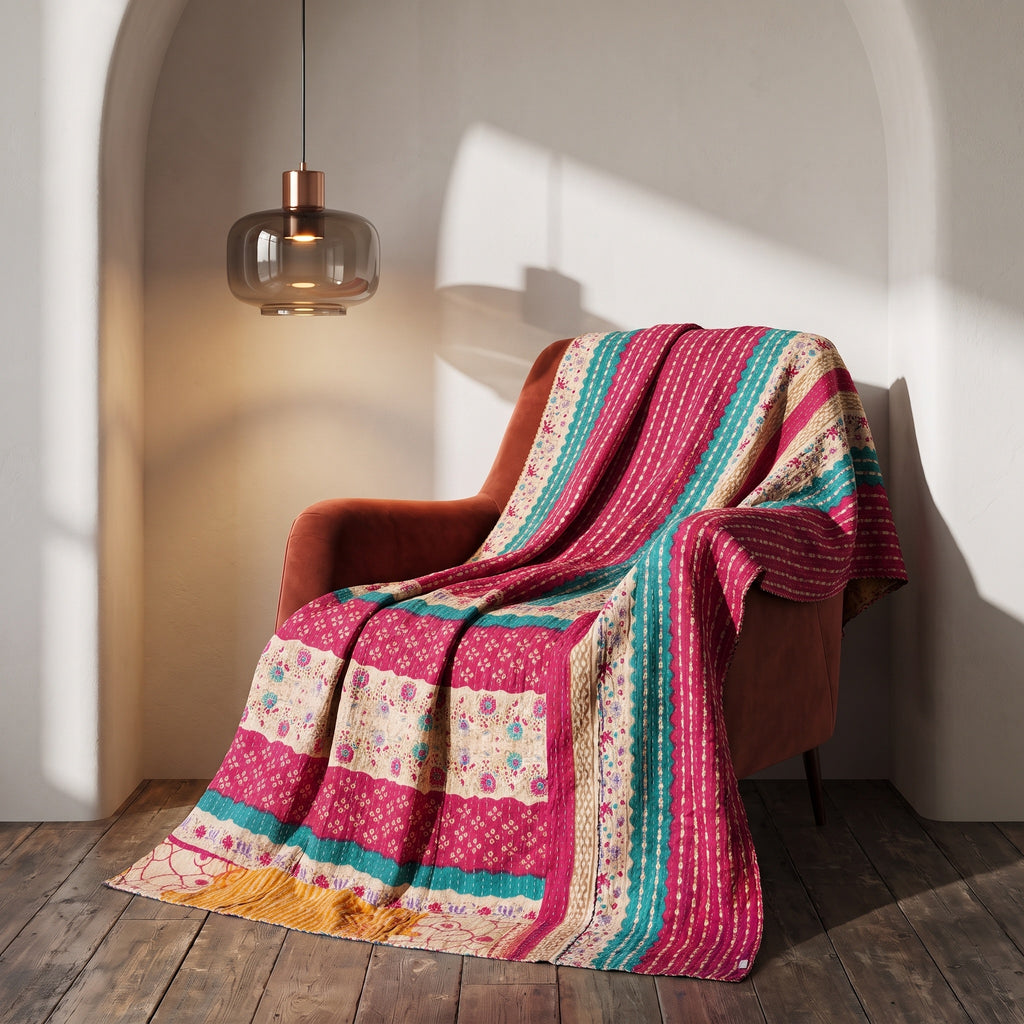 Plaid Kantha en coton vintage Caravan Meadow